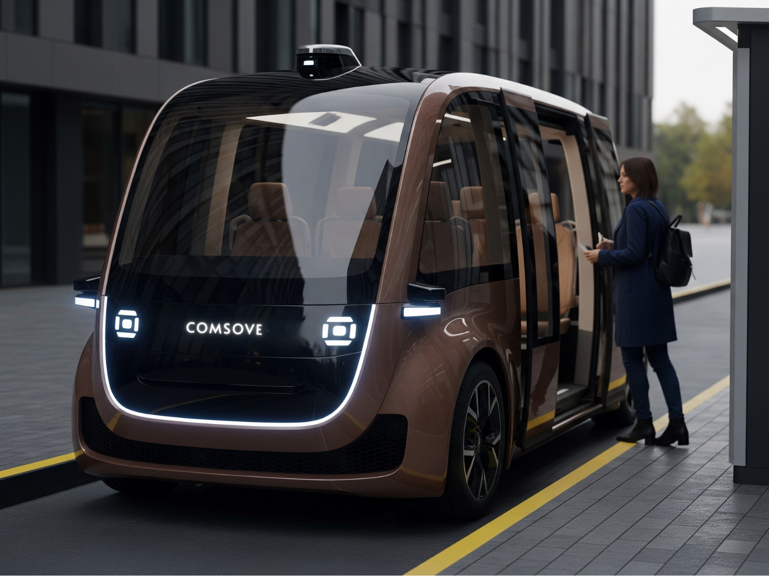 COMSOVE autonomous shuttle driving in a modern city
